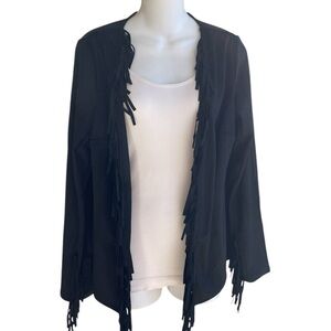 Colleen Lopez Black Open Fringed Faux Leather Jacket Cowgirl Ladies Small New